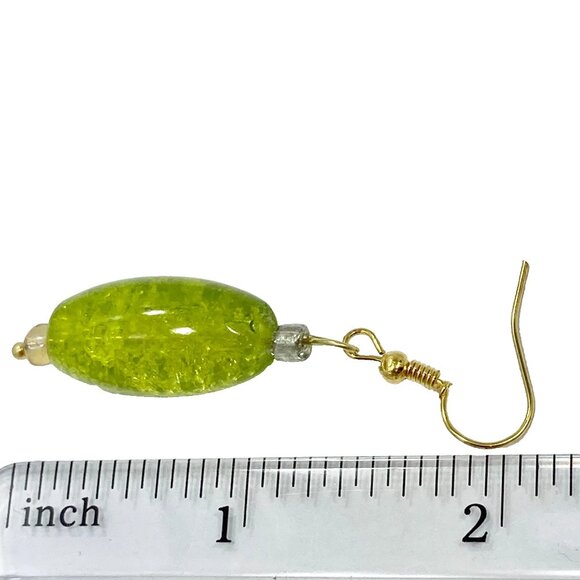 Murano Style Art Glass Bead Earrings Lime Green Gold Plated Crackled Glass Balls - Picture 5 of 6